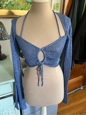 Current Mood Sparkly Blue Tie-Front Knit Crop Top Bolero Sleeves M Sequins NWT
